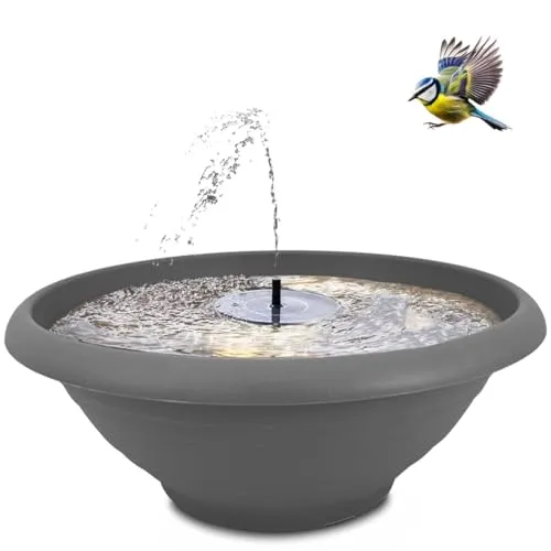 XXL Solarbrunnen Set für draußen 60 cm Schale grau - Dekoschale und Schwimmende Solar Springbrunnen Fontäne als Outdoor Wasserspiel - Außen Gartenbrunnen als Balkon Vogeltränke, Garten Vogelbad