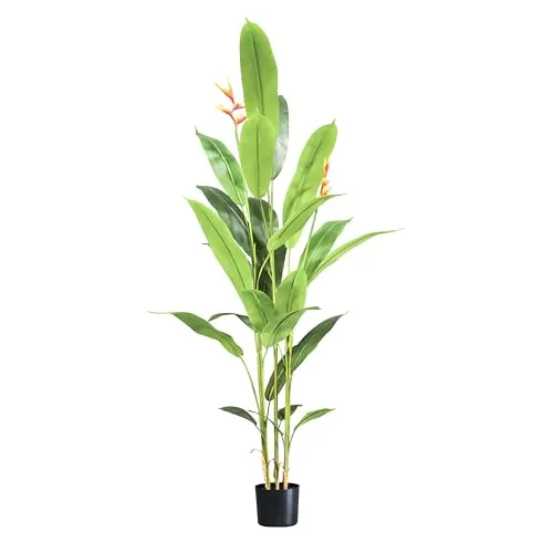 Strelitzie mit Blüte, Paradiesvogelblume, Kunstpflanze, Kunstbaum, künstliche Pflanze, Deko, im schwarzen Topf, sehr realistisch, Grün (160 cm - MN-KP-2213)