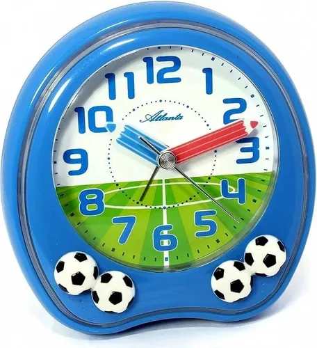 Atlanta Kinderwecker Fußball Blau - 1719-5 - Kinderwecker mit schleichender Sekunde, ohne Ticken und Melodien als Wecksignal. Ideal für einen ruhigen Schlaf! Mit Schlummerfunktion und praktischer Beleuchtung.