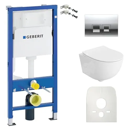 Lavita Duofix Basic Vorwandelement + Wand Tiefspül WC Brava Weiß Spülrandlos + WC Sitz + Bedienplatte Delta 25 Verchromt Knopf Komplettset Unterputz Spülkasten Toilette Komplett Sett WC