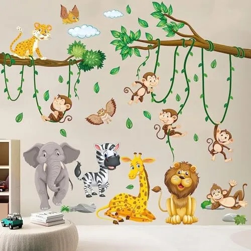 YEELIKE Wandtattoo Dschungel Tiere, Kinderzimmer Wandsticker Babyzimmer Wandaufkleber Elefant Giraffe Löwe AFFE Zebra Eule für Jungen Mädchen Schlafzimmer Wanddeko