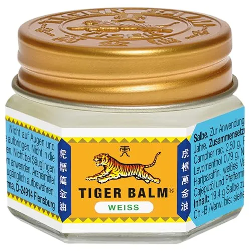 TIGER BALM WEISS - Natürlicher Balsam bei Erkältung & Muskelbeschwerden - Medikamente für Muskeln, Knochen & Gelenke: Fördert die Hautdurchblutung und lindert Erkältungssymptome mit hochwertigen ätherischen Ölen für ein befreites Atmen.