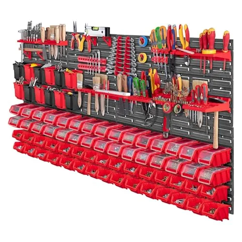 KADAX Werkzeugwandregal, 156x78cm Werkstattwandregal, Werkstattregal für Garage, Werkzeugwand Set, Lagersystem mit Sichtlagerkästen, Erweiterbare Wandplatten (Rot 97 tlg.)