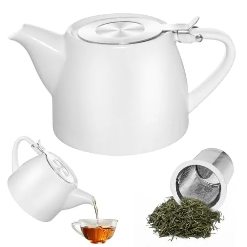 Keramik-Teekanne, 500 Ml Porzellan-Teekanne, Teekanne Mit Teesieb, Keramik-Stumpf-Teekanne, Spülmaschinenfest, Abgerundeter Griff, Für Losen Tee Oder Teebeutel, Weiß
