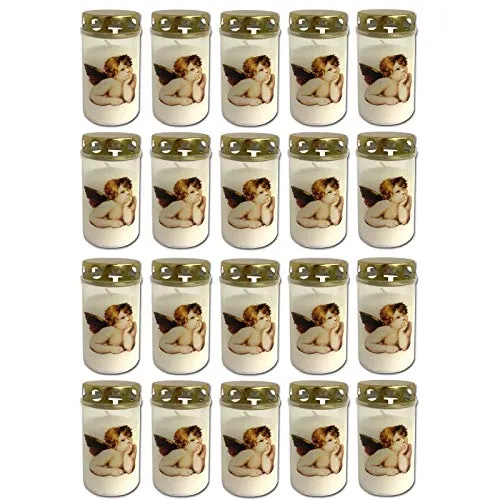 20er Set Grablicht Weiss mit Deckel Grabkerzen mit Engel Motiv Friedhofskerzen Grablichtkerze Trauerlicht Gedenkkerze Grabdekoration Grabdeko