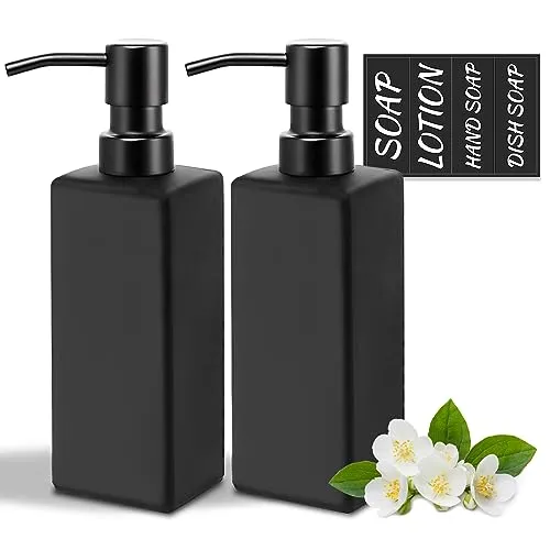 MIUSITE 2 Stück Seifenspender 350 ml, mit Edelstahlpumpe, Handseifenspender und Spülmittelflasche, Moderne Glasflasche für Badezimmer und Küche mit wasserfesten Etiketten, schwarz