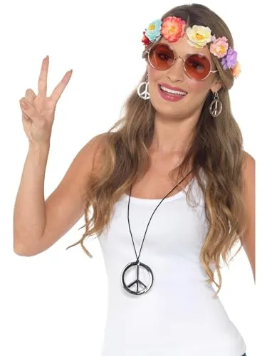 Smiffys Hippie Festival Kit, Mehrfarbig, Blütenstirnband, Brille, Medaillon & Ohrringe Halloween