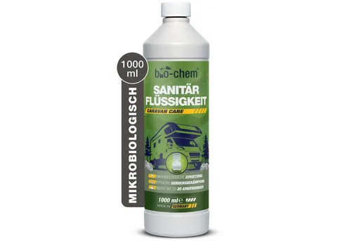 bio-chem bio-chem Sanitärflüssigkeit 1L – Mikrobiologischer Toilettenzusatz Campingtoilettenreiniger (Sanitärflüssigkeit 1 l + Dosierbecher)