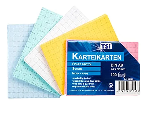 TSI Karteikarten farbig sortiert, 100er Packung, kariert, Größe: DIN A8 (74 x 52 mm), Art. Nr. 65858
