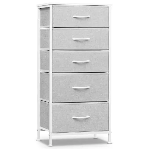 WOLTU Kommode mit 5 Schubladen aus Stoff, Kommodenschrank Sideboard Schubladenschrank, für Schlafzimmer Wohnzimmer Flur, aus Metallrahmen Holzwerkstoff, Taubengrau-wolkenweiß