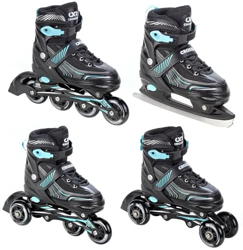 CROXER Optima 4in1 Inline Skates Triskates Rollschuhe Schlittschuhe Inliner für Kinder Erwachsene verstellbar (Black/Mint, 35-38 (21cm-23cm))