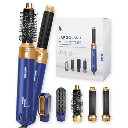 Largolash 5 in 1 Warmluftbürste Set, Schnelltrocknend Föhnbürste, Warmluft Lockenbürste, 3 Temperatur, Auto-Wrap-Lockenaufsatz, Negativ Lonen, 1000 Watt, Keine Hitzeschäden (Marine)