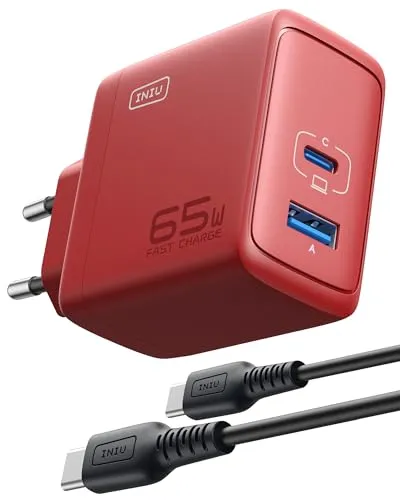 INIU 65W USB C Ladegerät, 2-Port [USB-C + USB-A] Mehrfach Netzteil, GaN Schnellladegerät Steacker, USBC Power Adapter für MacBook iPad Air, iPhone 16 15 14 Pro Max, Galaxy S25 S24 Ultra, Pixel, usw