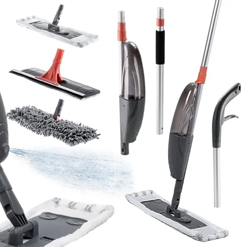 KADAX Wischer mit Sprühfunktion und 3 auswechselbaren Spitzen, 520 ml Wasserbehälter, Bodenwischer mit Sprühfunktion, Mikrofaser Wischmopp mit Sprühfunktion, Bodenwischer, Grau/Orange