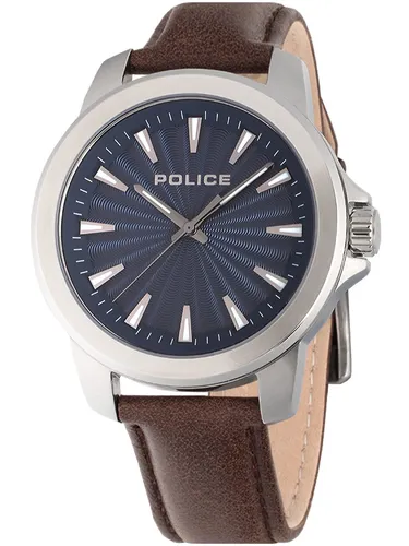 Police Mensor PEWJA2207803 Herrenuhr - Elegante Armbanduhr für Herren mit einem robusten Edelstahlgehäuse, blauem Ziffernblatt und hochwertigem braunem Lederarmband. Wasserdicht bis 3 ATM, ideal für den täglichen Gebrauch.