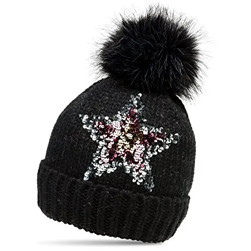 Caspar MU161 Damen Strick Winter Mütze mit Pailletten Stern und großem Fellbommel, Farbe:schwarz, Größe:One Size