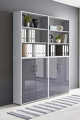 Schrankwand TABOR 11 Büroregal Aktenschränke Büroschrank abschließbar in diversen Farbvarianten (lichtgrau/anthrazit Hochglanz)