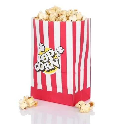 FunX Kraftpapier Popcorntüten 80er Pack - Partytüten für Kino, Filmabende, Kindergeburtstag und Übernachtungsparty - 10 x 7 x 16 cm Rot/Weiß Gestreift
