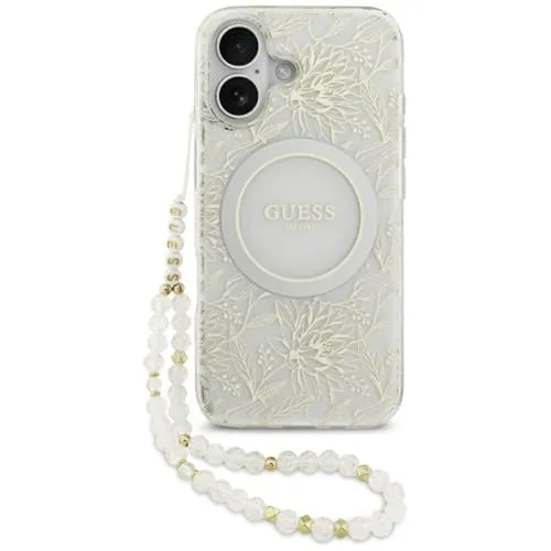 CG Mobile Guess IML Blumen Electro Pearl Armband kompatibel mit MagSafe Hülle für iPhone 17 (Weiß)
