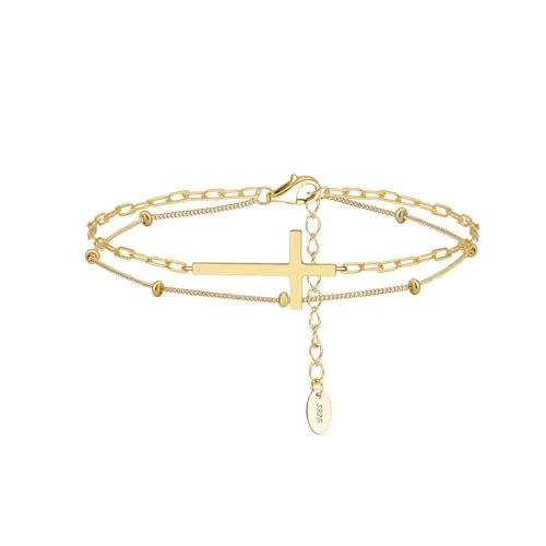 Suzan Gold® Vergoldetes Armband aus 925 Silber für Damen mit Kreuz-Anhänger | Doppelketten-Design in Gold | Hautfreundlich, wasserfest & stilvoll | Freundin Geschenk