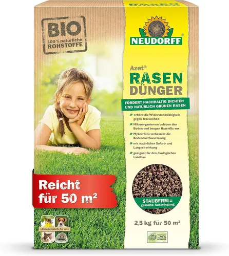 Neudorff Azet RasenDünger – Bio Rasendünger für 50 m² sorgt für eine dichte, grüne und strapazierfähige Rasenfläche mit 6 Monaten Langzeitwirkung, 2,5 kg