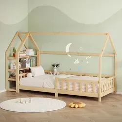 ML-Design Kinderbett 90x200cm mit Rausfallschutz, Regal, Dach & Lattenrost Natur Montessori Bodenbett aus massivem Kiefernholz Hausbett Bettenhaus - Naturbelassen