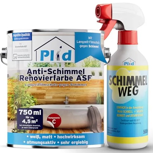 Plid® Anti Schimmel Renovierfarbe ASF 0,75l inkl. Anti-Schimmel Spray - Innen Weiß für alle Wände [DAUERHAFTER SCHIMMELSCHUTZ] - Farbe für feuchte Räume, Bad & Küche - Effektiver Schutz