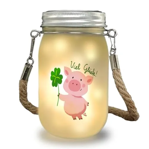 speecheese Glücksschwein Solarlicht mit Spruch Viel Glück ein dekoratives Licht als Glücksbringer Schwein Glück bringendes Kleeblatt Dekolicht Dekolampe Glückschwein Silvester