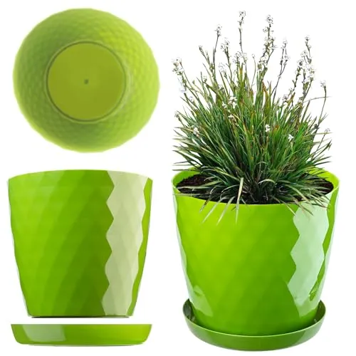 KADAX Blumentopf mit Untersetzer aus Kunststoff Ø14cm, Grün, Pflanzkübel für Innen- & Außenbereich, auch ideal für Badezimmer oder Toilette lebendige Farben bringen frische Akzente in Ihr Zuhause