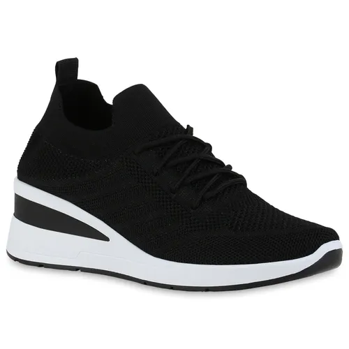 VAN HILL Damen Sneaker Schnürer Strick Profil-Sohle Schuhe 840166, Farbe: Schwarz, Größe: 39