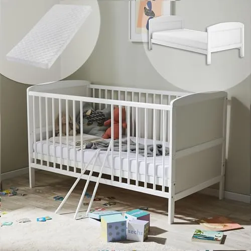 Babybett Kinderbett 70x140 mit Matratze - Umbaubares Gitterbett aus Kiefernholz, höhenverstellbar und mit herausnehmbaren Sprossen für maximale Sicherheit und lange Nutzbarkeit.