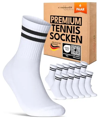 sockenkauf24 6 Paar Tennissocken Damen 35-38 Weiß Sportsocken Atmungsaktiv Damensocken Baumwolle Retro Crew Socken (Weiß Ringel 35-38)