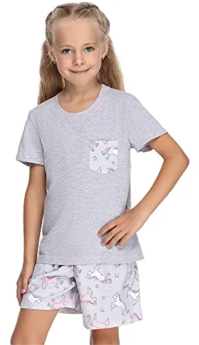 Merry Style Mädchen Schlafanzüge Kurz aus Baumwolle Pyjama Set MS10-292 (Melange/Einhorn, 122 cm)