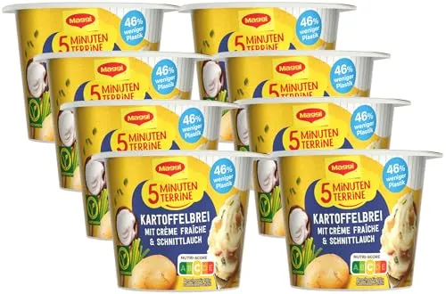 MAGGI 5 Minuten Terrine Kartoffelbrei mit Creme fraiche, leckeres Fertiggericht, Instant Kartoffel-Püree, Kartoffel-Snack, 8er Pack (8 x 53g)