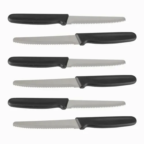 Vespermesser Küchenmesser Tafelmesser Steakmesser 6-er Set. Klinge aus Edelstahl und Griff aus robustem Kunststoff. Scharfe gezähnte Klinge mit optimaler Länge von ca. 10,5cm. Gesamtlänge 21cm
