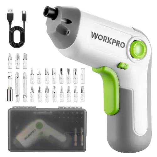WORKPRO Akkuschrauber Set 3,6V, Exzentrischer Schraubendreher, mit 21 Bits und Verlängerungsstange, 2000 mAh Akku, LED-Licht, USB-C-Kabel, Aufbewahrungsbox, für Heimwerker, Weiß