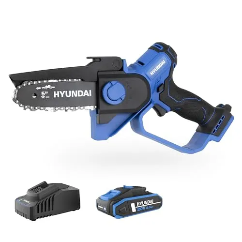 HYUNDAI Mini Akku Kettensäge 20V – Einhand Astsäge für Garten & Baumschnitt, 12 cm Schwert, Brushless Motor, automatische Kettenschmierung, inkl. 2Ah Akku & Ladegerät