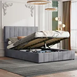Flieks Polsterbett 140x200cm, Hydraulisches Boxspringbett mit Lattenrost und Kopfteil, Doppelbett Stauraumbett, Samt, Grau - Grau