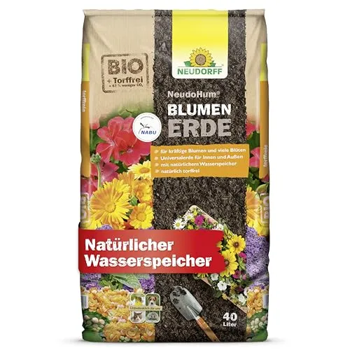 Neudorff NeudoHum BlumenErde – Torffreie Bio Erde, für Innen und Außen, fördert kräftige Blumen und viele Blüten, 40 Liter