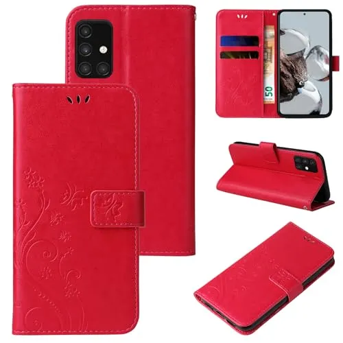 LBH Handy Hülle für Samsung Galaxy A71 Case Handytasche Schmetterling Blumen Flower Standfunktion Schutzhülle Magnet Rundum Schutz 360 Grad Flipcase Cover Rot