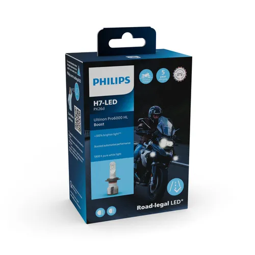 Philips Ultinon Pro6000 Boost X1 H7 LED Motorrad-Lampe - Autobeleuchtung mit bis zu 300% hellerem Licht und einer Lebensdauer von bis zu 3.000 Stunden, ideal für sicheres Fahren bei Nacht.