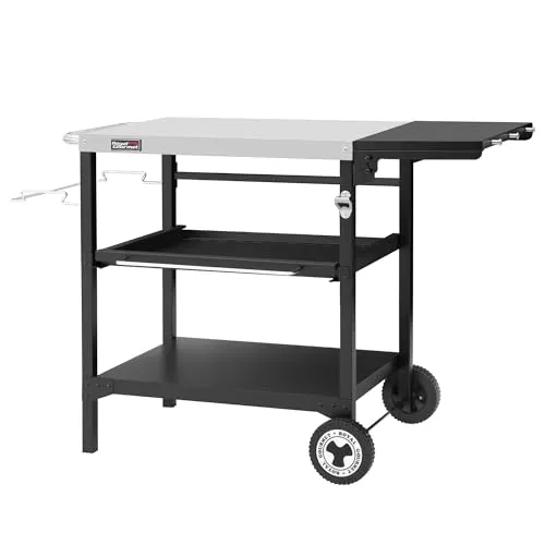 Royal Gourmet Outdoor Grilltisch - Grillwagen mit 3-Etagen Servierwagen, 70 x 50 cm Edelstahl Tischplatte und klappbarer Ablage für flexiblen Einsatz im Freien und drinnen.