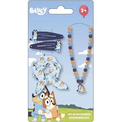 Bluey Kinder Beauty Set - Farbe Blau und Rosa - Komplettset - enthält Haarspange mit Schleife, Halskette und 2 Haarspangen - Original Produkt entworfen in Spanien