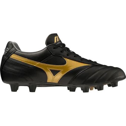 Mizuno Unisex Football Boots Schwarz Gold Darkshadow 42.5 EU - Hochwertige Fußballschuhe aus glattem Leder für optimalen Ballkontakt und perfekten Halt auf dem Platz.