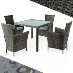 DeubaXXL Polyrattan Garten-Sitzgruppe Bali 5-tlg Grau/Anthrazit - Essgruppe aus hochwertigem Polyrattan mit 4 bequemen Stühlen und robustem Gartentisch. Ideal für entspannte Momente im Freien, perfekt für kleine Stellflächen.
