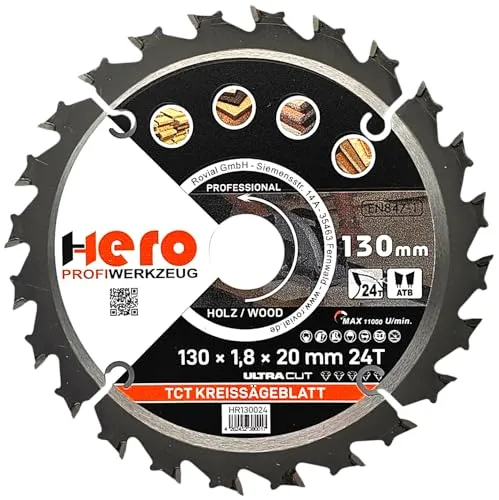HERO Kreissägeblatt Hartmetall Sägeblatt TCT Ersatzsägeblatt Sägeblätter Kreissäge Holz/ALU Kreissägeblätter Tischkreissäge, Kappsäge (Für Holz/Holzwerkstoffe, Ø 130 x 20/16mm, 24T)