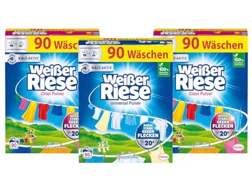 WEISSER RIESE Pulver-Set 3x 90 Waschladungen - Waschmittel für bunte & weiße Wäsche, riesig stark gegen Flecken und Kalt-Aktiv schon ab 20 °C – ideal für Familien und umweltfreundlich.