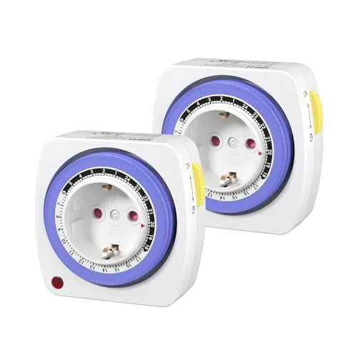 HBN Mechanische Zeitschaltuhr mit 96 Schaltsegmente (15 Min), 2er Set Analoge Zeitschaltuhr Innenbereich 16A/3680W, Mini Timer Steckdose mit Kindersicherung, Täglich EIN-/Aus-Zyklus für Weihnachtsdeko