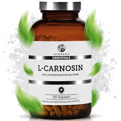 QIDOSHA® L-Carnosin Kapseln hochdosiert, 120 Kapseln - Aminosäure Carnitin, 500mg/Kapsel, vegan und laborgeprüft, in lichtgeschütztem Apothekerglas – ideal für Veganer und Vegetarier zur Unterstützung bei Carnosin-Mangel.