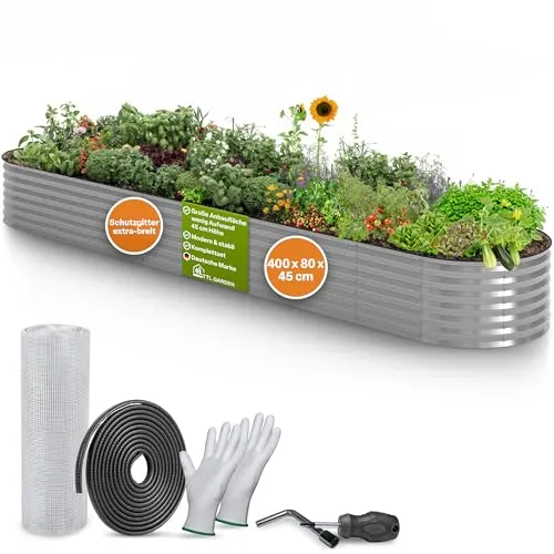 TTL GARDEN 400x80x45cm Spirit XXL Metall Hochbeet Silber - Stahl rostfrei verzinkt Wellblech ovale Form sehr groß stabil & wetterfest Garten Beet für Gemüse Kräuter Blumen Gartenbeet Gemüsebeet